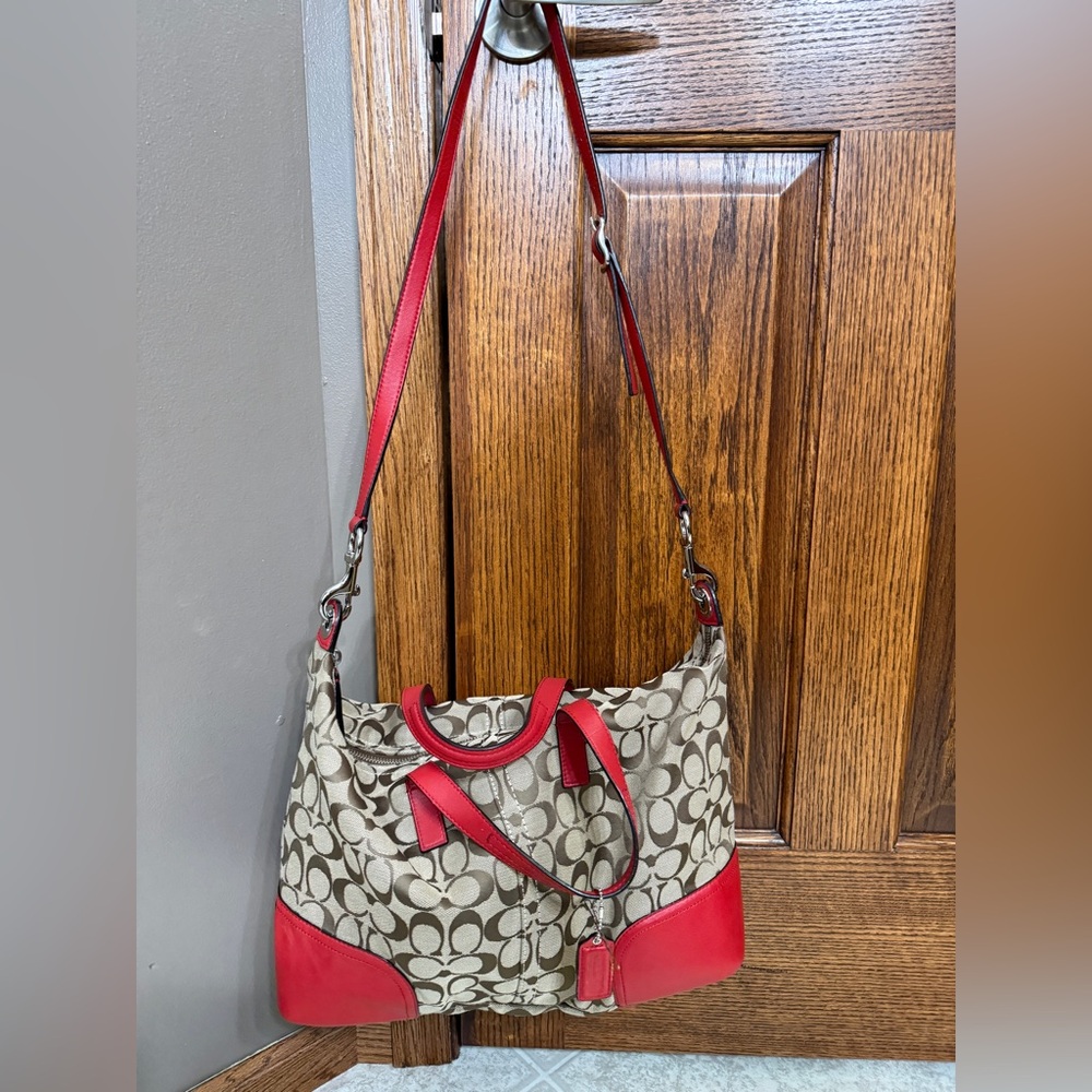 Coach Hadley Signature Zip Satchel in Khaki & Red - Style F31841